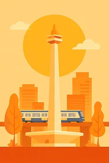 Ilustrasi landmark Jakarta, DKI Jakarta. 12 event lari aktif termasuk marathon, half marathon, 10K, dan fun run yang kurasi di AYOLARI.ID.