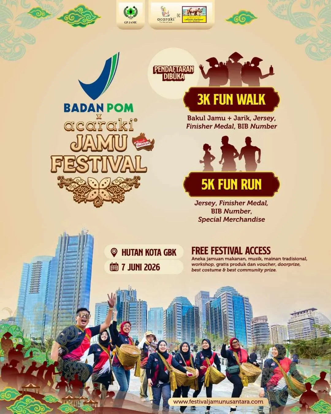 Poster event BPOM x acaraki Jamu Festival Fun Walk & Fun Run 2026 di Jakarta Pusat pada Minggu, 7 Jun 2026