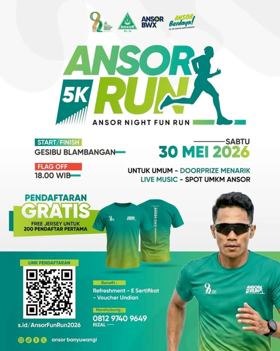 Poster event Ansor Night Fun Run 2026 di Banyuwangi pada Sabtu, 30 Mei 2026