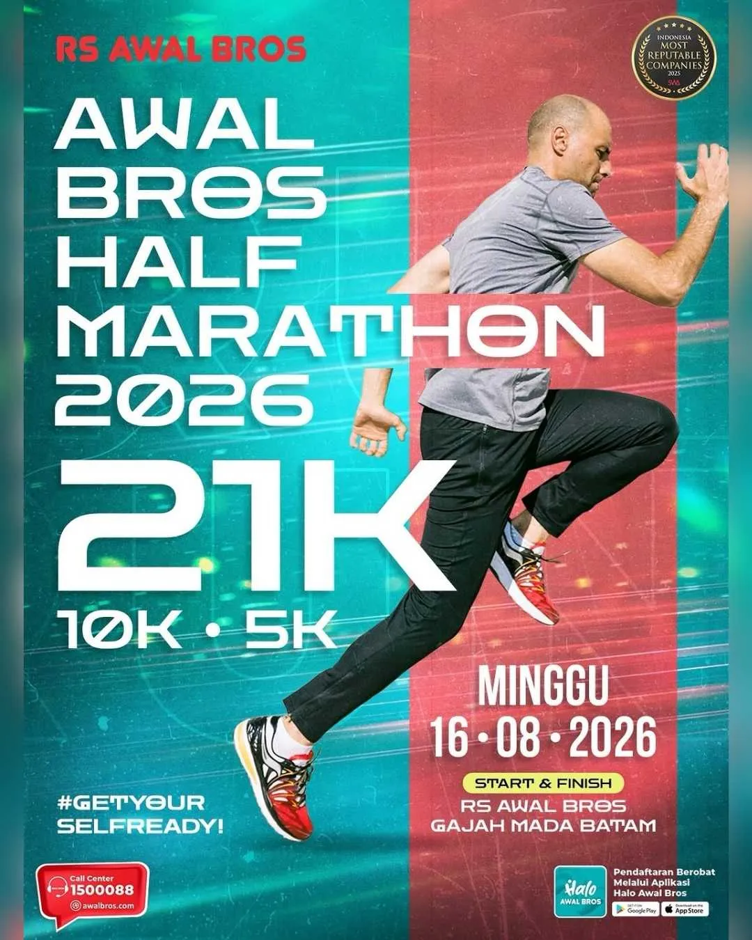 Poster event Awal Bros Half Marathon 2026 di Batam pada Minggu, 16 Agu 2026