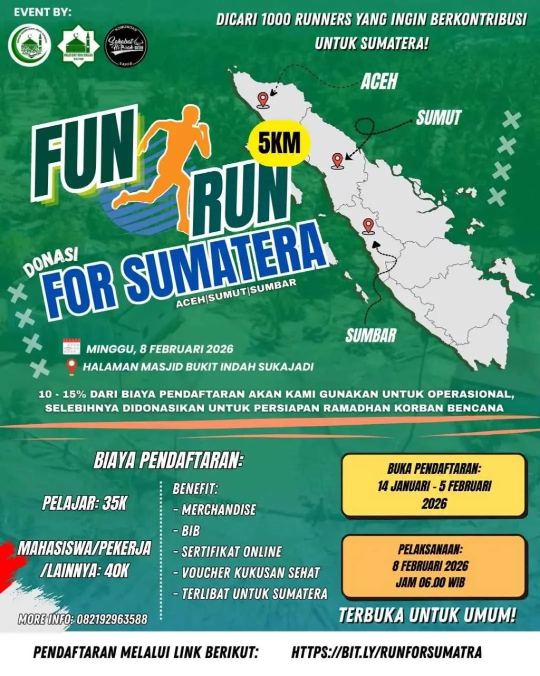 Poster event Fun Run for Sumatera di Batam pada Minggu, 8 Feb 2026