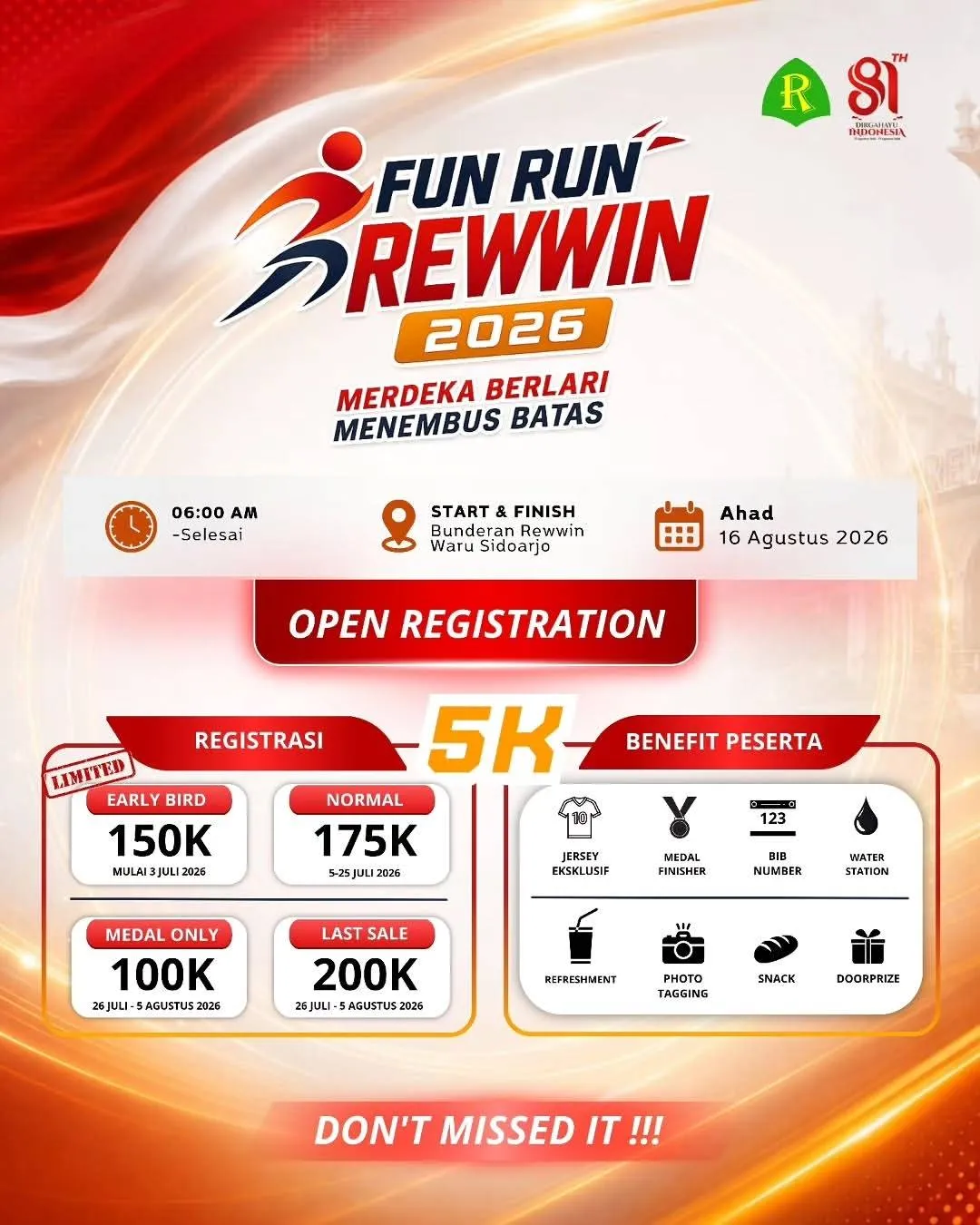 Poster event Fun Run Rewwin 2026 di Sidoarjo pada Minggu, 16 Agu 2026