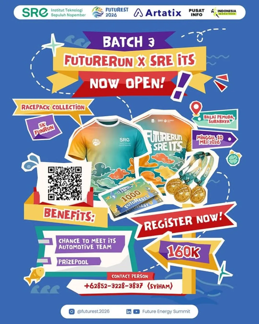 Poster event Future Run x SRE ITS 2026 di Surabaya pada Minggu, 10 Mei 2026