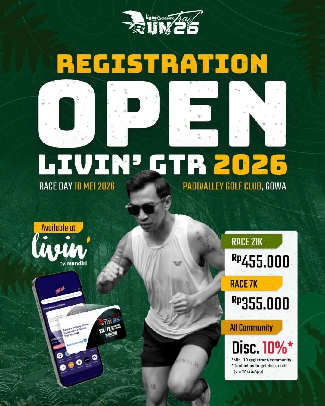 Poster event Livin’ Galesong Trail Run (GTR) 2026 di Gowa pada Minggu, 10 Mei 2026