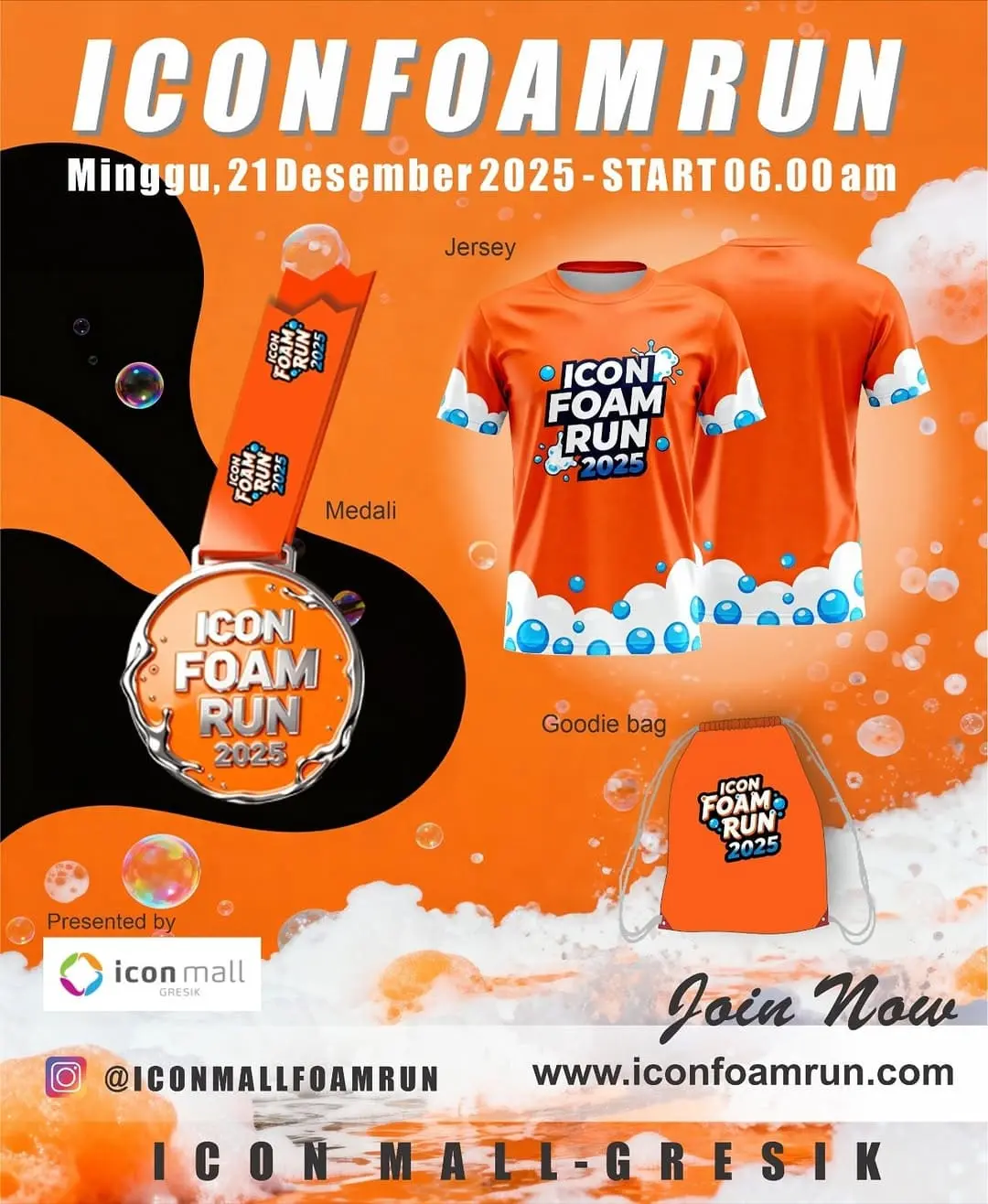 Poster event ICON Mall Foam Run 2025 di Gresik pada Minggu, 21 Des 2025