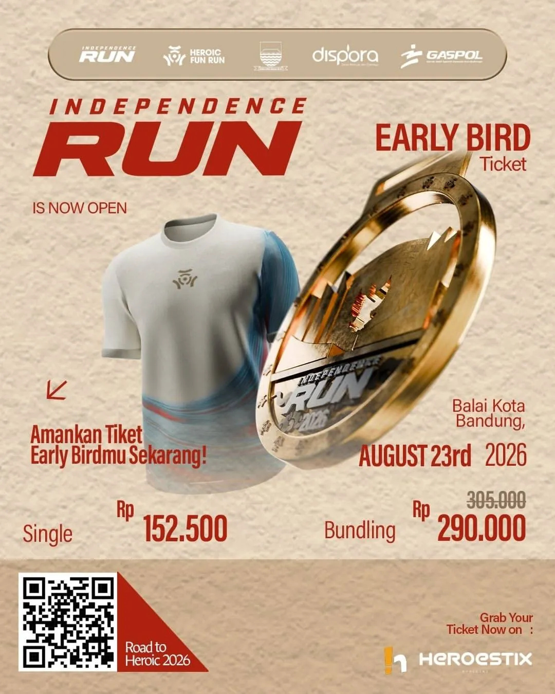 Poster event Independence Fun Run Road To Heroic Run 2026 di Bandung pada Minggu, 23 Agu 2026