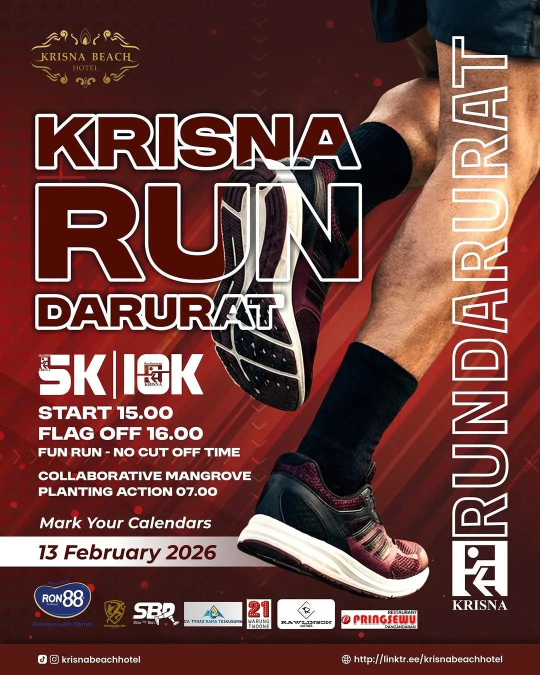 Poster event Krisna Run Darurat 2026 di Pangandaran pada Jumat, 13 Feb 2026