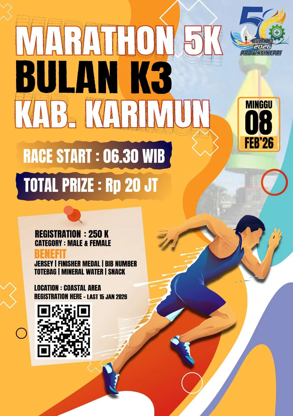 Poster event Marathon Bulan K3 2026 di Karimun pada Minggu, 8 Feb 2026