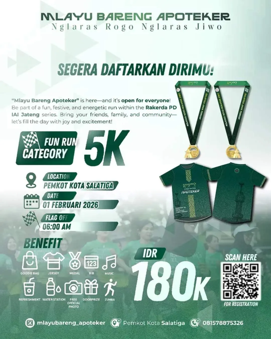 Poster event Mlayu Bareng Apoteker 2026 di Salatiga pada Minggu, 1 Feb 2026