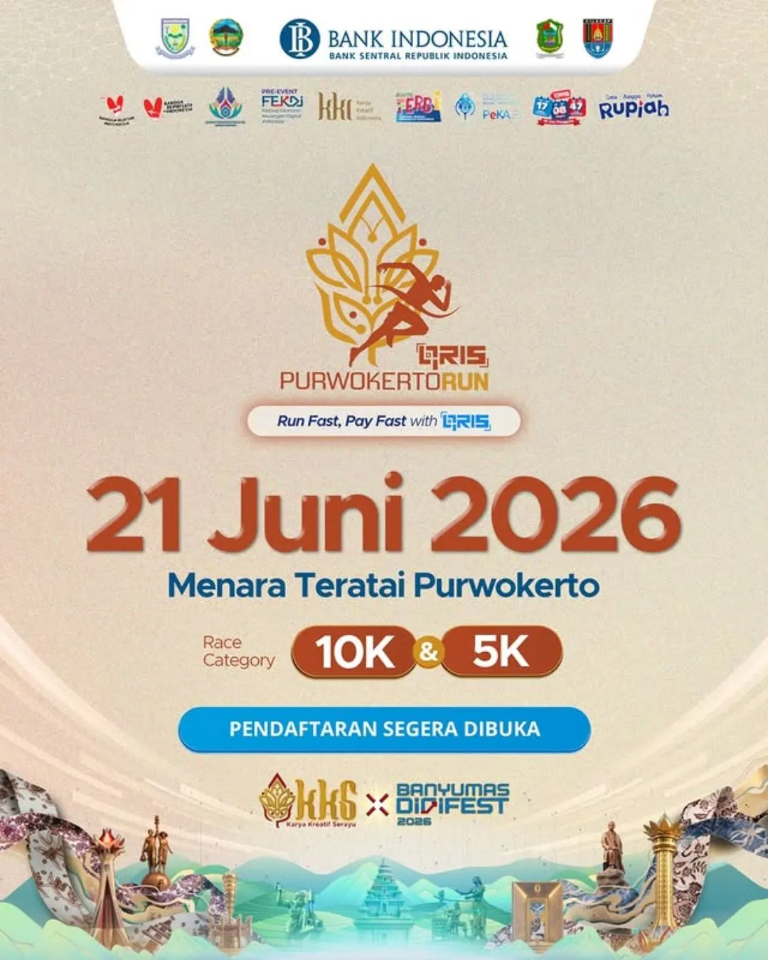 Poster event QRIS Purwokerto Run 2026 di Banyumas pada Minggu, 21 Jun 2026