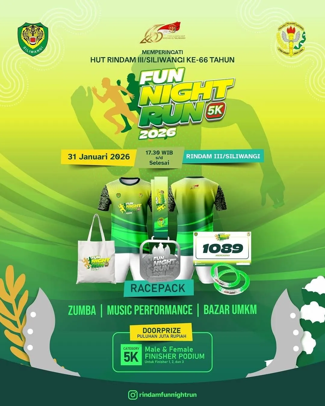Poster event Rindam Fun Night Run 2026 di Bandung pada Sabtu, 31 Jan 2026