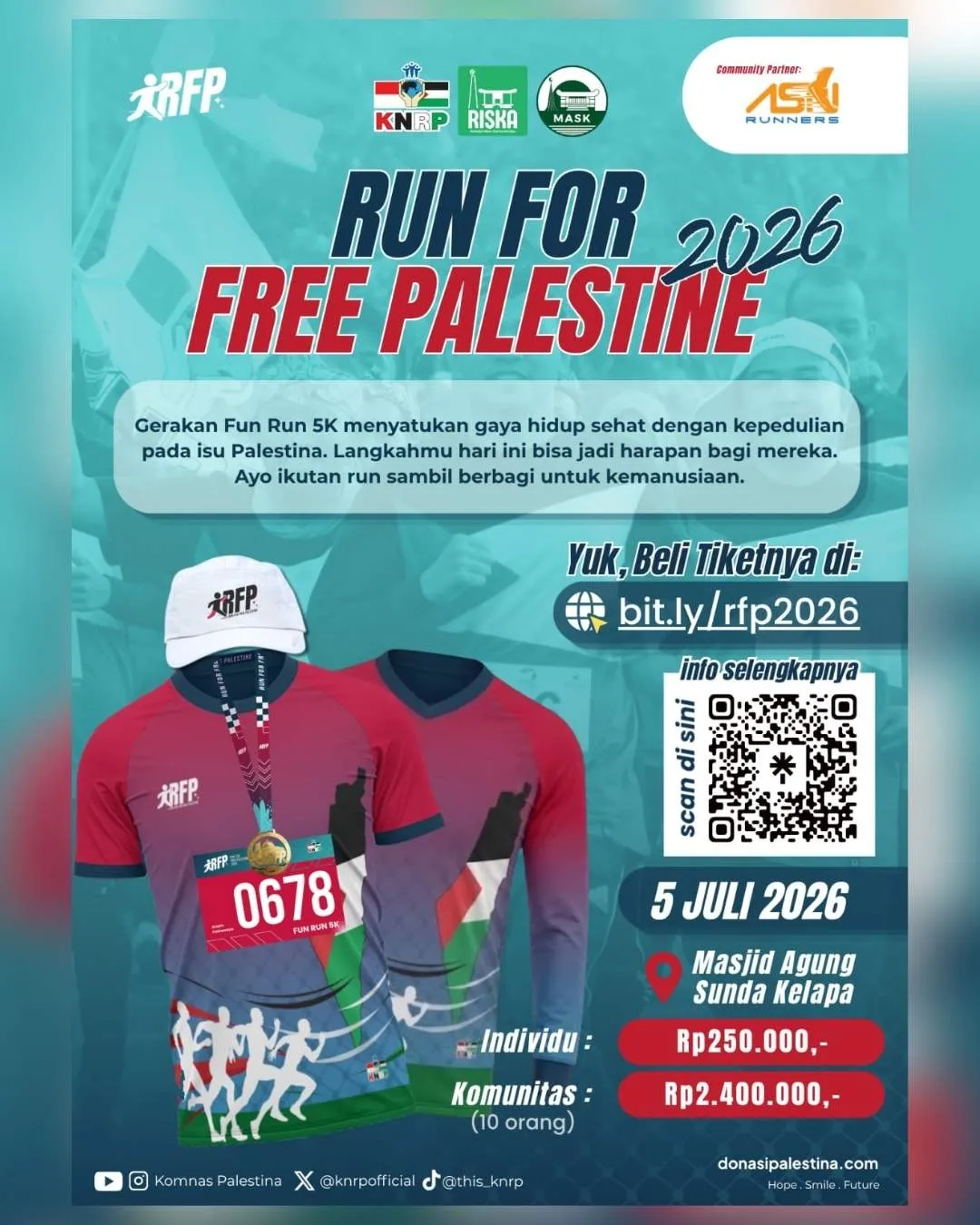 Poster event Run For Free Palestine 2026 di Jakarta Pusat pada Minggu, 5 Jul 2026