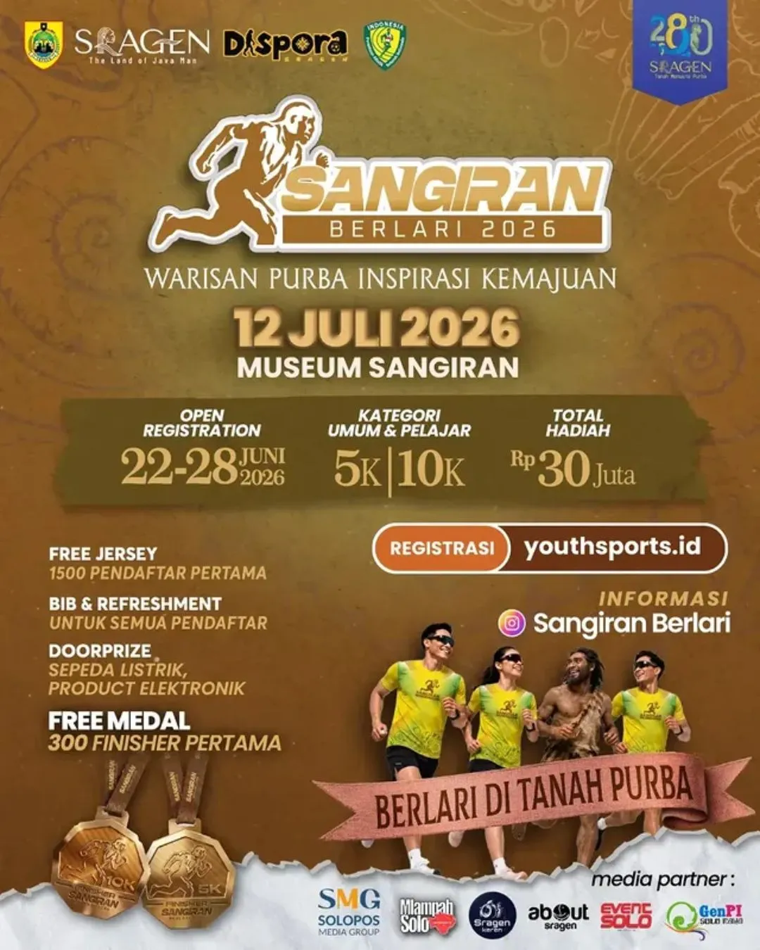 Poster event Sangiran Berlari 2026 di Sragen pada Minggu, 12 Jul 2026