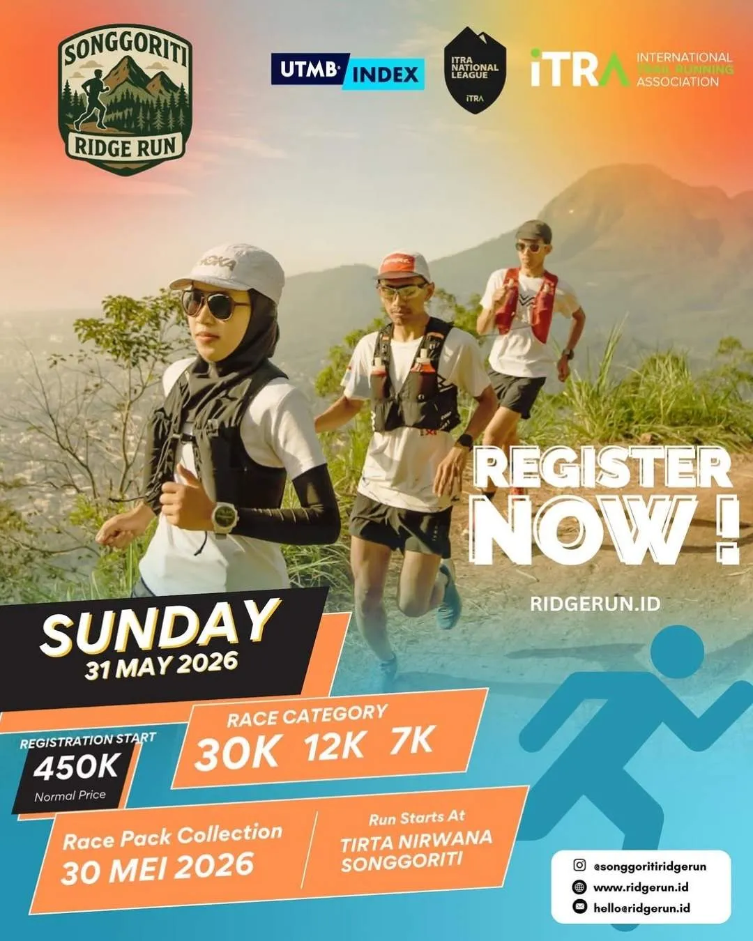 Poster event Songgoriti Ridge Run 2026 di Batu pada Minggu, 31 Mei 2026