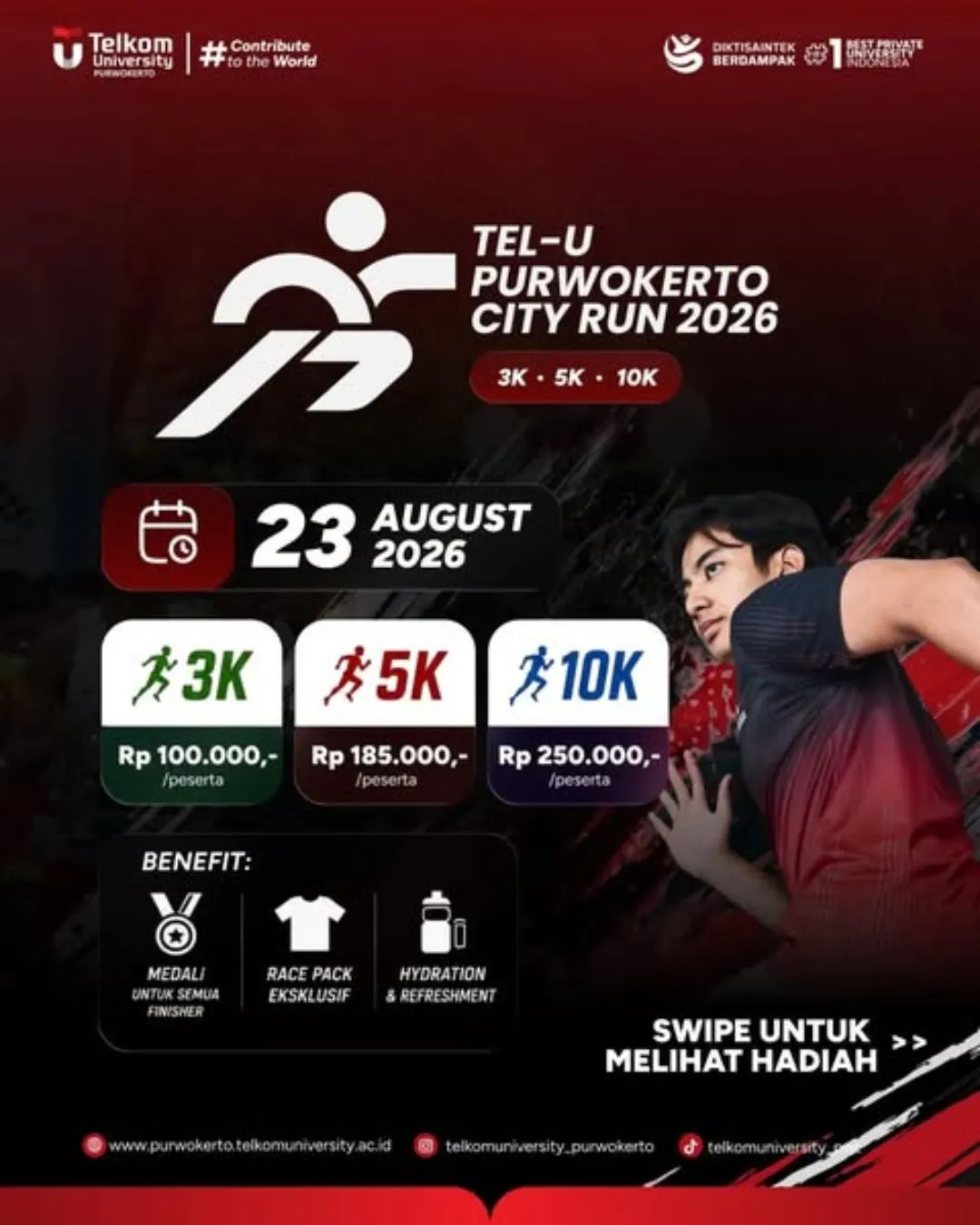Poster event Tel-U Purwokerto City Run 2026 di Banyumas pada Minggu, 23 Agu 2026